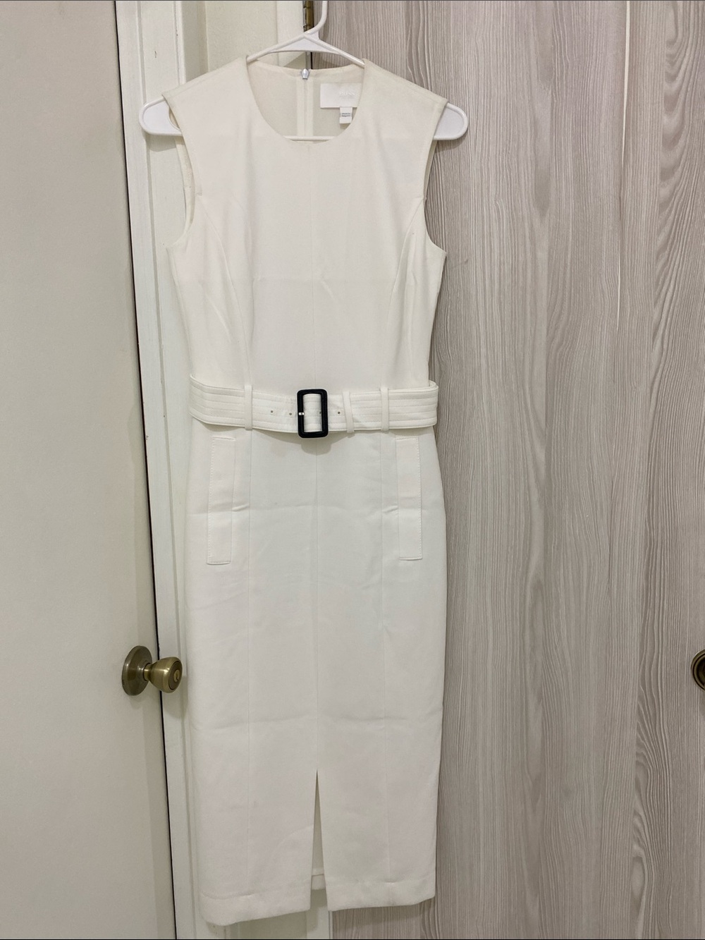 Boss White Sleeveless Belted Sheath Dress
